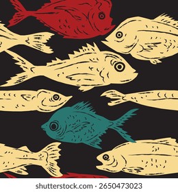 Seamless pattern featuring stylized fish in a linocut or hand-printed graphic style. A decorative, repeatable design perfect for packaging, textiles, restaurant branding