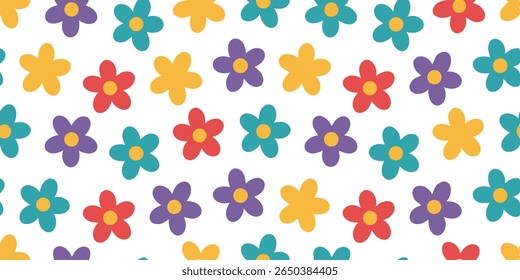A seamless pattern featuring stylized, five-petal flowers in bright red, purple, teal, and yellow, with yellow centers, on a clean white background.