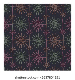 A seamless pattern featuring stylized floral or firework-like shapes in pink, green, and orange on a dark background. The design has a hand-drawn, textured feel.