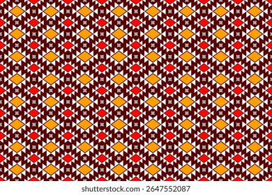 A seamless pattern featuring stylized floral motifs in red, orange, and yellow on a dark background. Inspired by traditional Asian textiles, perfect for fabric design, wrapping paper, and cultural pro