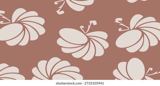 Um padrão perfeito com motivos florais estilizados com pétalas em camadas em um tom bege claro, definido contra um fundo marrom quente e rico, criando um design sofisticado e orgânico.