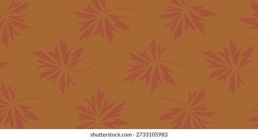 Un patrón sin fisuras con estilizadas Formas florales o esteladas en tonos de naranja y rojo, sobre un cálido fondo marrón, creando un diseño armonioso y orgánico.
