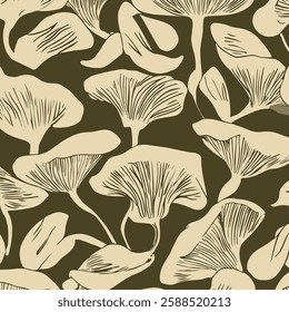 A seamless pattern featuring stylized ginkgo leaves in a muted color palette. 