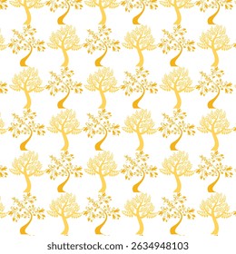 Seamless pattern featuring stylized gold trees with decorative elements and a white background.