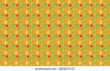 Um padrão sem costura com folhas verdes estilizadas, flores vermelhas e abstrato laranja formas em um fundo laranja brilhante. O design tem uma sensação divertida, orgânica.