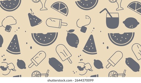 Um padrão perfeito com ícones estilizados de delícias de verão: fatias de melancia, limões, picolés e bebidas refrescantes com canudos.