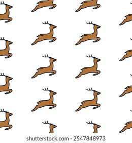 Seamless pattern featuring stylized, leaping deer with antlers . Ideal for holiday-themed designs, textiles, and festive decorations.