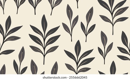A seamless pattern featuring stylized leaves in dark tones against a light beige background. 