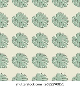 Padrão contínuo com folhas de monstera verde claro estilizado em um fundo bege suave, criando um design tropical e decorativo.