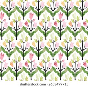 Patrón Sin Costuras Con Flores Estilizadas En Forma De Magnolia En Rosa, Naranja Y Verde Sobre Un Fondo Claro.