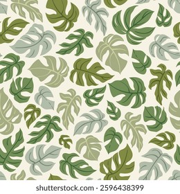 Seamless pattern featuring stylized Monstera leaves in various shades of green and gray. Hand-drawn aesthetic design.