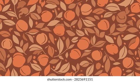 Seamless pattern featuring stylized orange peaches and beige botanical leaves on a terracotta background. Factual fruit illustration for textile, wallpaper, and seasonal decor design.
