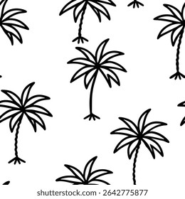 Seamless pattern featuring stylized palm trees. Ideal for backgrounds, textiles, wallpaper, and tropical-themed designs. Includes a vibrant color palette.