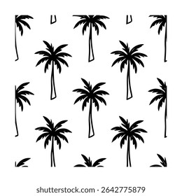 Seamless pattern featuring stylized palm trees. Ideal for backgrounds, textiles, wallpaper, and tropical-themed designs. Includes a vibrant color palette.