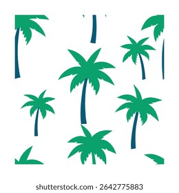 Seamless pattern featuring stylized palm trees. Ideal for backgrounds, textiles, wallpaper, and tropical-themed designs. Includes a vibrant color palette.