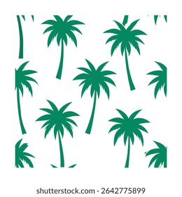 Seamless pattern featuring stylized palm trees. Ideal for backgrounds, textiles, wallpaper, and tropical-themed designs. Includes a vibrant color palette.