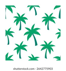 Seamless pattern featuring stylized palm trees. Ideal for backgrounds, textiles, wallpaper, and tropical-themed designs. Includes a vibrant color palette.