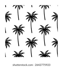 Seamless pattern featuring stylized palm trees. Ideal for backgrounds, textiles, wallpaper, and tropical-themed designs. Includes a vibrant color palette.