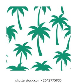 Seamless pattern featuring stylized palm trees. Ideal for backgrounds, textiles, wallpaper, and tropical-themed designs. Includes a vibrant color palette.