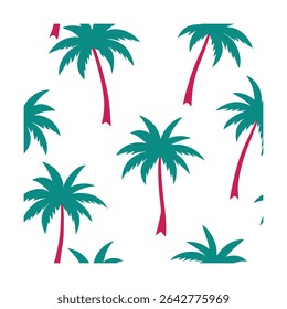 Seamless pattern featuring stylized palm trees. Ideal for backgrounds, textiles, wallpaper, and tropical-themed designs. Includes a vibrant color palette.