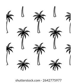 Seamless pattern featuring stylized palm trees. Ideal for backgrounds, textiles, wallpaper, and tropical-themed designs. Includes a vibrant color palette.