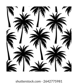 Seamless pattern featuring stylized palm trees. Ideal for backgrounds, textiles, wallpaper, and tropical-themed designs. Includes a vibrant color palette.