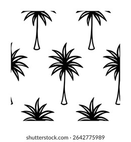 Seamless pattern featuring stylized palm trees. Ideal for backgrounds, textiles, wallpaper, and tropical-themed designs. Includes a vibrant color palette.