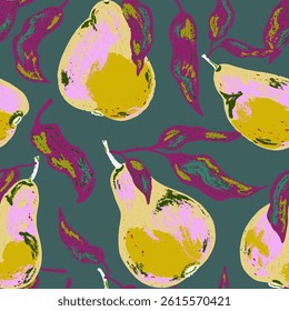 A seamless pattern featuring stylized pears and flowing leaves. The artistic texture and bold shapes make it great for textiles, packaging, kitchen decor, and seasonal design projects.