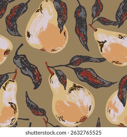 A seamless pattern featuring stylized pears and flowing leaves. The artistic texture and bold shapes make it great for textiles, packaging, kitchen decor, and seasonal design projects.