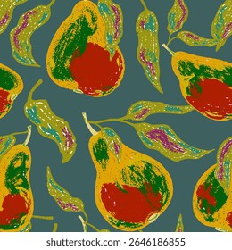 A seamless pattern featuring stylized pears and flowing leaves. The artistic texture and bold shapes make it great for textiles, packaging, kitchen decor, and seasonal design projects.