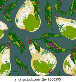 A seamless pattern featuring stylized pears and flowing leaves. The artistic texture and bold shapes make it great for textiles, packaging, kitchen decor, and seasonal design projects.