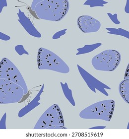 Seamless pattern featuring stylized Phengaris alcon butterflies and abstract petal shapes on a soft gray background, creating a modern, airy nature design