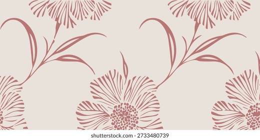 Um padrão sem costura com flores rosa estilizadas com detalhes pétalas intrincadas e hastes graciosas, situado contra um fundo leve, criando um design floral sofisticado e artístico.