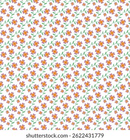 A seamless pattern featuring stylized purple and orange flowers with green stems on a clean white backdrop. Ideal for textiles, wallpapers, stationery, and other decorative or design purposes.