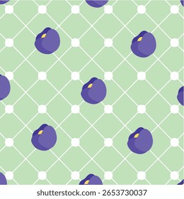 seamless pattern featuring stylized purple flowers with a yellowish accent in the middle, arranged on a light green background with a white grid pattern. aesthetic minimalist