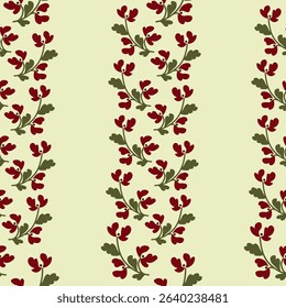Seamless pattern featuring stylized red flowers with green leaves in folk art style.Traditional botanical motif on soft light background. Ideal for boho decor and romantic prints.Vector illustration