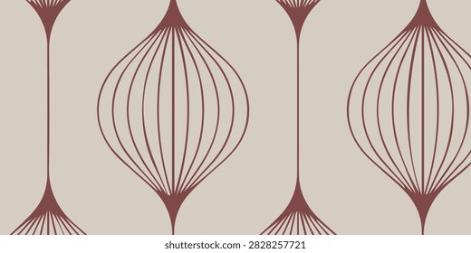 A seamless pattern featuring stylized red geometric shapes on a beige background, resembling elongated bulbs or lanterns.