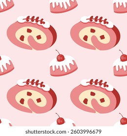 A seamless pattern featuring stylized roll cakes with cream and cherry toppings. Perfect for sweet themed projects, fabric, textile, and paper wrap.