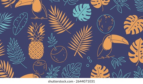 A seamless pattern featuring stylized toucans, pineapples, coconuts, and various palm leaves in teal and orange hues.