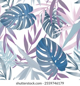 A seamless pattern featuring stylized tropical leaves in shades of cool blue, purple, and pink.