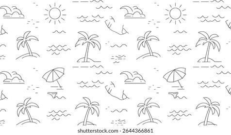 A seamless pattern featuring summer beach elements: palm trees, sun, waves, clouds, umbrella, and swimsuit, all in a simple, outlined style.