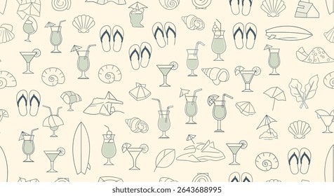 A seamless pattern featuring summer elements: cocktails, flip-flops, surfboards, seashells, jet skis, and beach umbrellas in a light color palette.