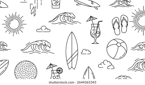 Seamless pattern featuring summer elements: surfboards, ocean waves, sun, cocktails, beach ball, clouds, and flip-flops, all in a black outline style.