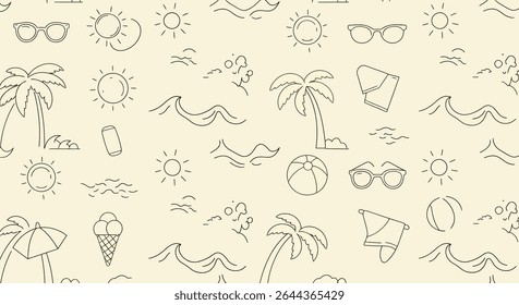 Seamless pattern featuring summer elements: sun, palm trees, waves, sunglasses, beach ball, towel, ice cream, and sunscreen in a line art style.