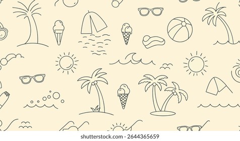 Seamless pattern featuring summer elements: palm trees, ice cream cones, suns, waves, sunglasses, beach balls, and tents in a simple line art style.