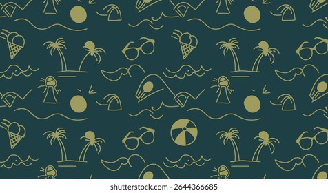Seamless pattern featuring summer elements: palm trees, ice cream cones, beach balls, sunglasses, waves, sun, mustache, lighthouse, and beach tent.
