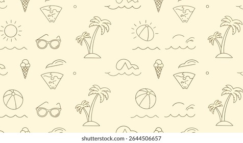 Seamless pattern featuring summer elements: palm trees, sun, beach ball, ice cream cone, pizza slice, sunglasses and waves, all in a simple line art style.