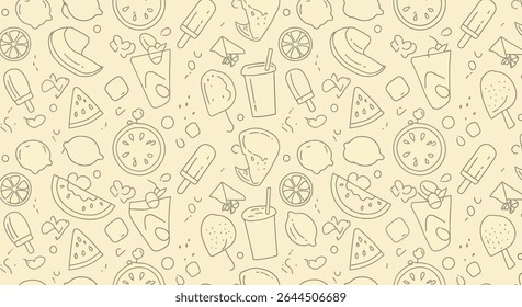A seamless pattern featuring summer elements: lemon slices, watermelon pieces, popsicles, and refreshing drinks, all rendered in a simple line art style.