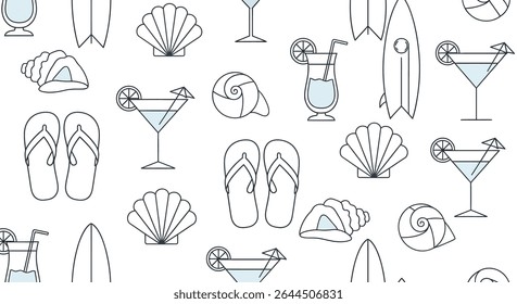 Seamless pattern featuring summer elements: flip flops, cocktails with umbrellas, surfboards, and various seashells, all outlined in a simple, modern style.