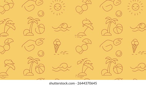 Seamless pattern featuring summer icons: smiling sun, palm trees, ice cream cone, sunglasses, waves and a smiling face.